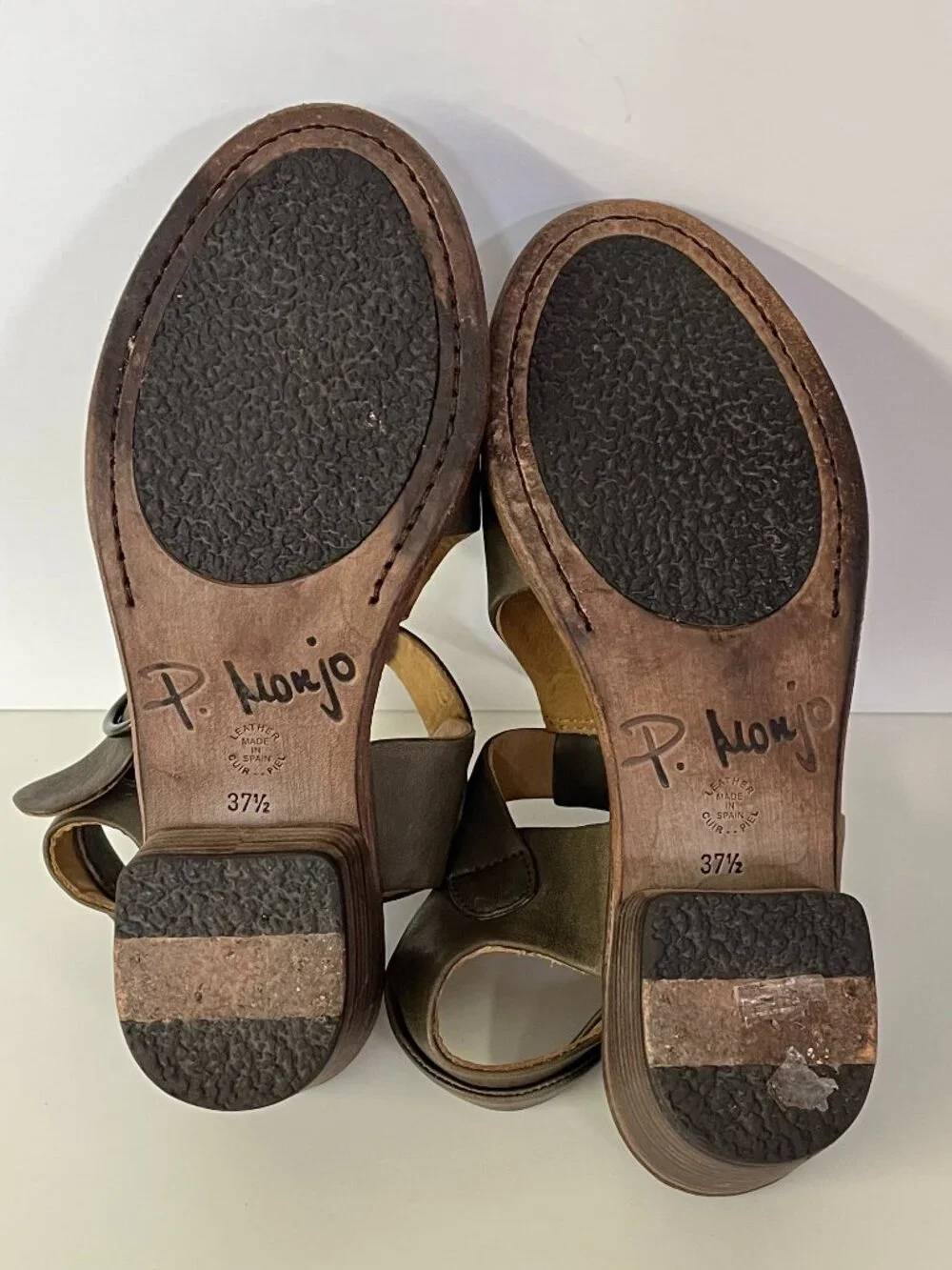 P. Monjo P748 Sandals Open Toed Leather Grey Green Wide T Strap Block Heel W37.5